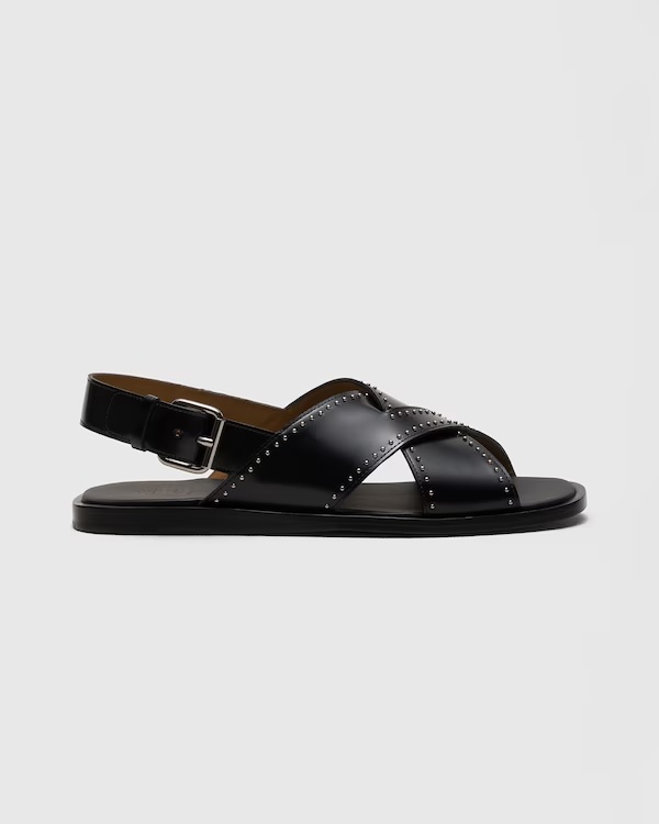Leather Crisscross Sandal with Studs Black