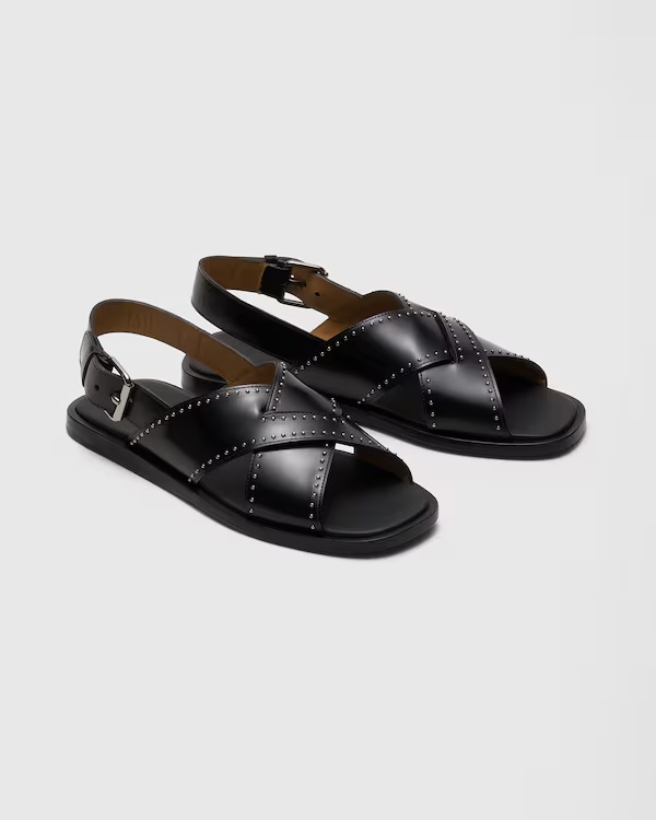 Leather Crisscross Sandal with Studs Black