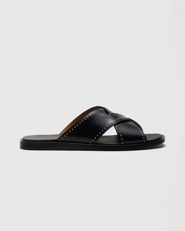 Leather Crisscross Sandal with Studs Black