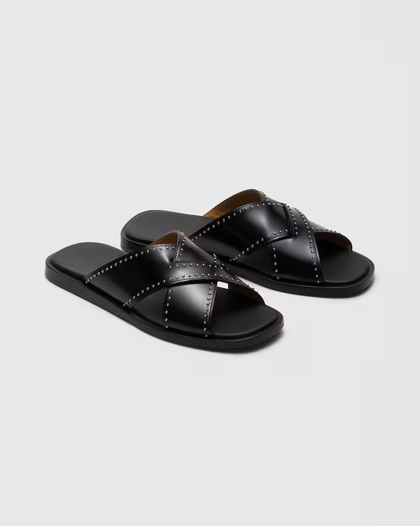 Leather Crisscross Sandal with Studs Black