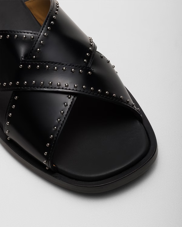 Leather Crisscross Sandal with Studs Black