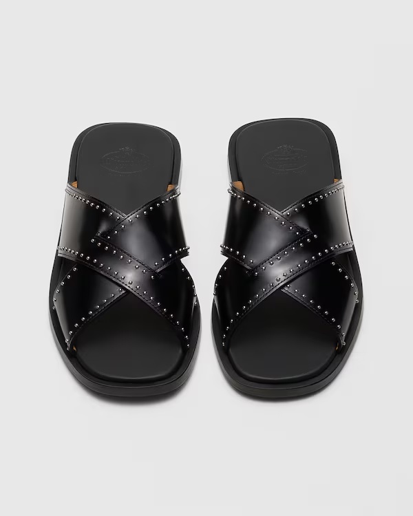 Leather Crisscross Sandal with Studs Black