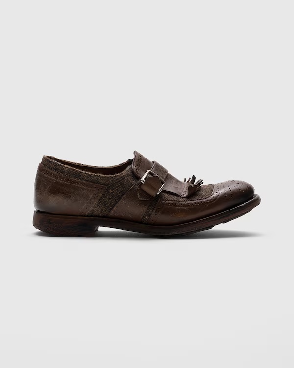 Antiqued Leather and Wool Monk Strap Walnut