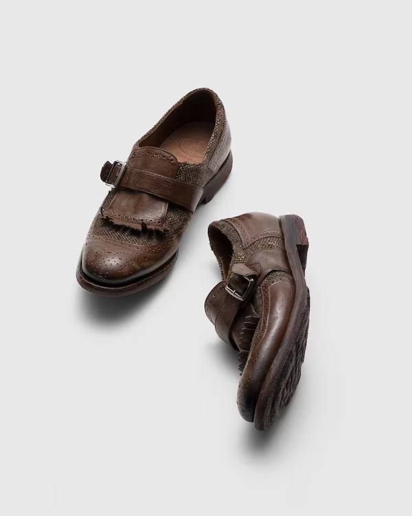 Antiqued Leather and Wool Monk Strap Walnut