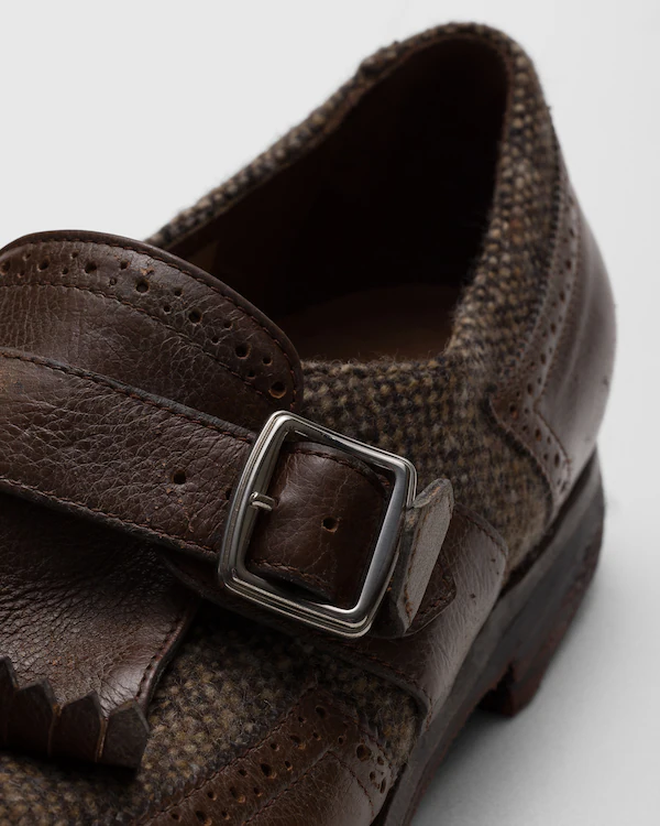 Antiqued Leather and Wool Monk Strap Walnut