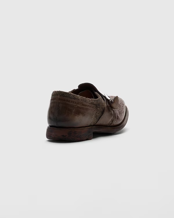 Antiqued Leather and Wool Monk Strap Walnut