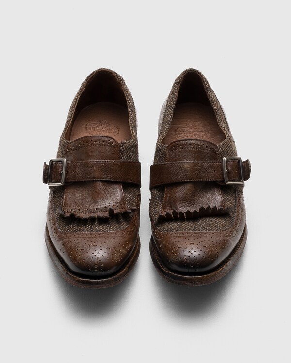 Antiqued Leather and Wool Monk Strap Walnut