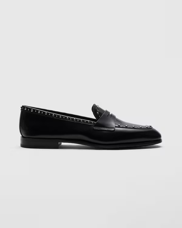 Polished Fumé Leather Loafer with Studs Black