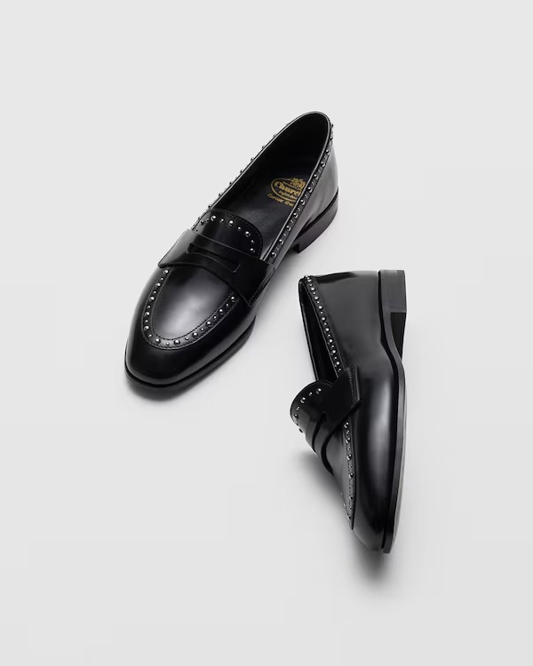 Polished Fumé Leather Loafer with Studs Black