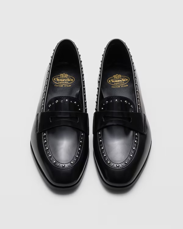 Polished Fumé Leather Loafer with Studs Black