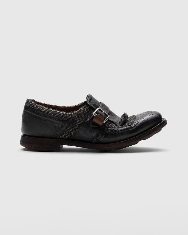 Antiqued Leather and Wool Monk Strap Black