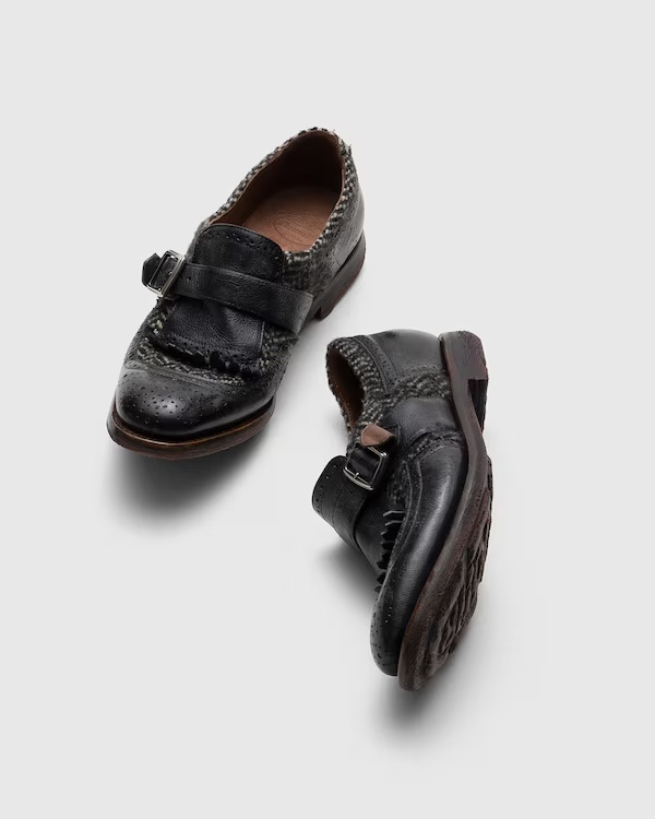 Antiqued Leather and Wool Monk Strap Black