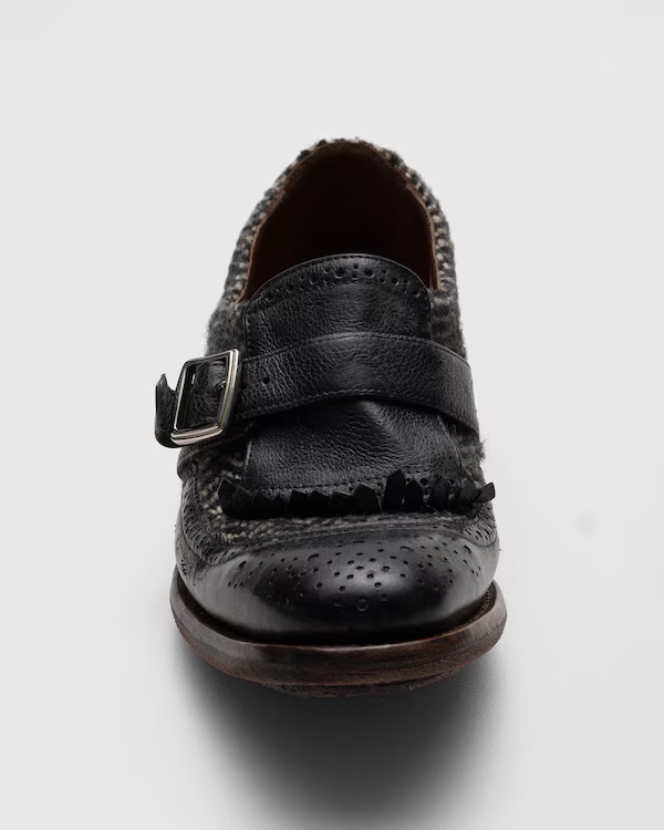 Antiqued Leather and Wool Monk Strap Black
