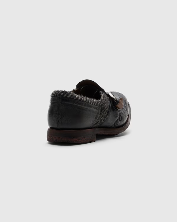 Antiqued Leather and Wool Monk Strap Black