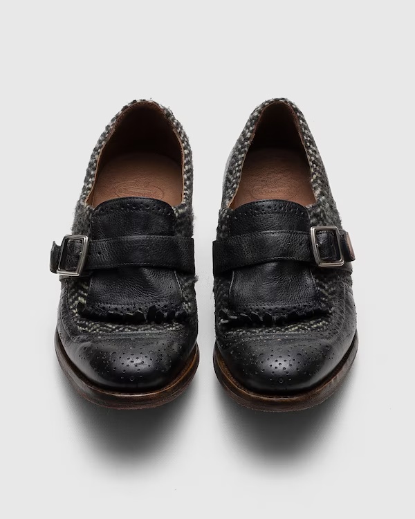 Antiqued Leather and Wool Monk Strap Black